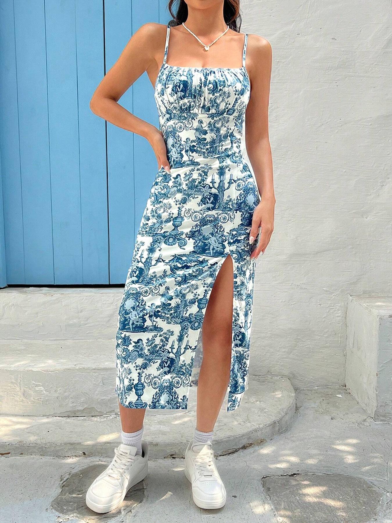 2025 European and American Amazon Women's Vacation Floral Printed Thin Shoulder Belt Vented Sling dress Long