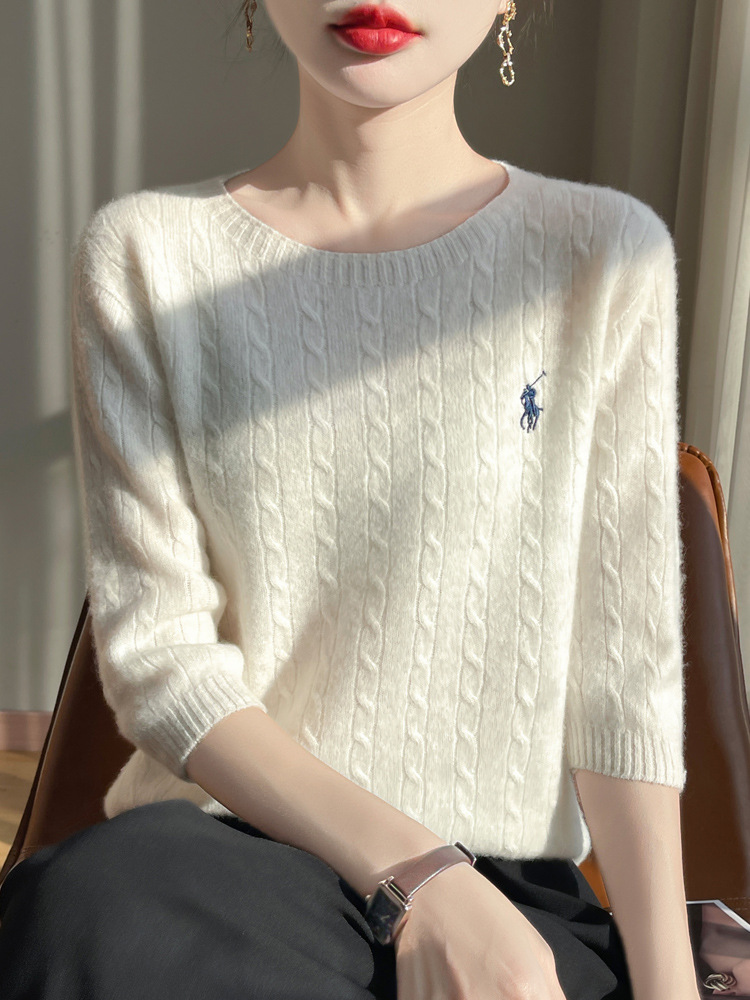 College Style Round Neck Twist Pony Embroidered Short-sleeved Sweater T-shirt Women's Sweater Slim-fit Waist Base Top
