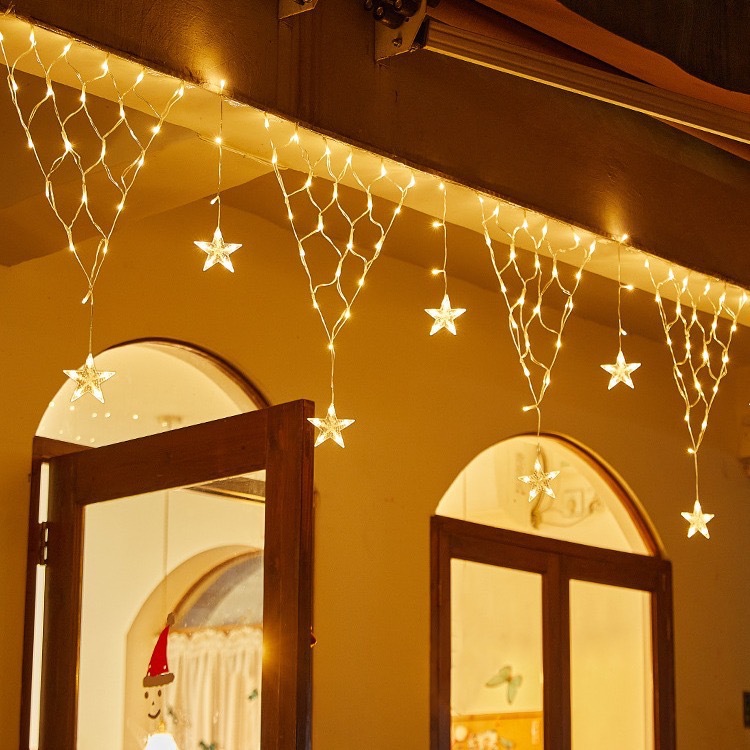Outdoor led Christmas New Year lights atmosphere all over the sky star decorative lights triangle New Year fishing net ice strip led curtain lights