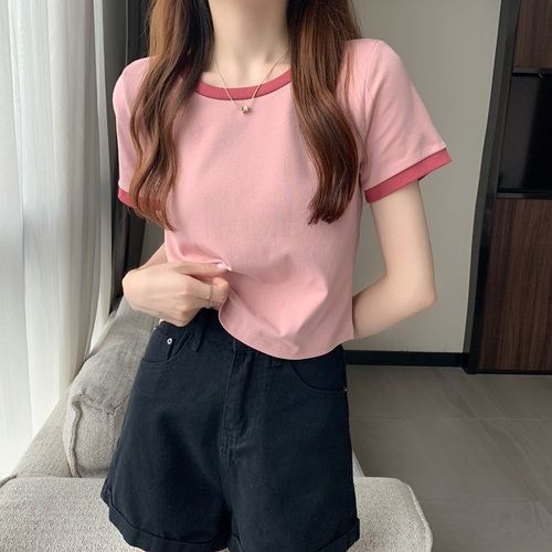 Picture of Contrast Color Round Neck Short Sleeve T-Shirt Women's 2025 New Summer Base Shirt Korean Style Slim Fit Short Student Top Trendy