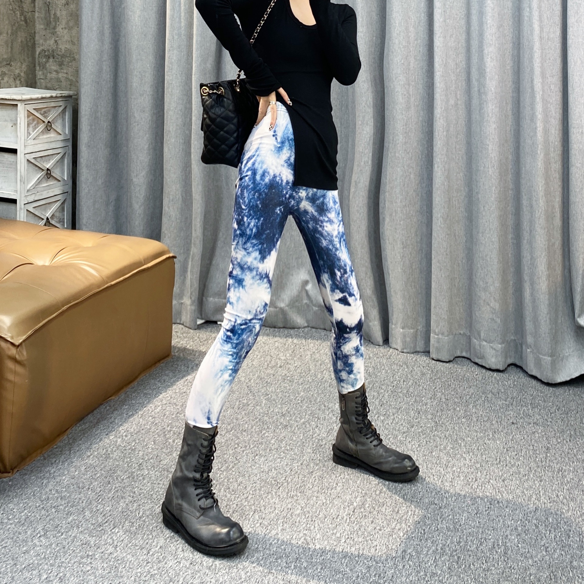 European and American Thin Printed Leggings Women's High Waist Stretch Trousers leggings Denim Tie-Dye Color Outer Wear Leggings
