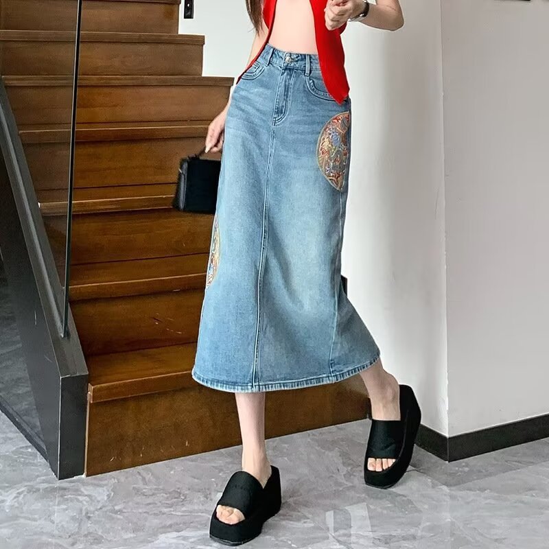 New Chinese Style National Style Jacquard Embroidered Wide-leg Denim Skirt Women's Spring and Summer Design Sense Loose Small Women's Straight Midi Dress