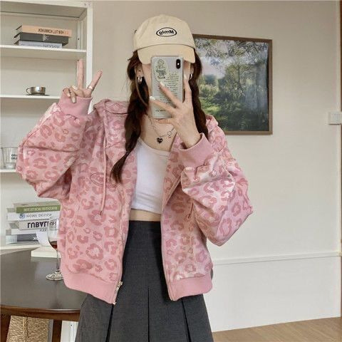 2023 new autumn pink leopard print hooded cardigan sweater Korean style short women's jacket coat fashion
