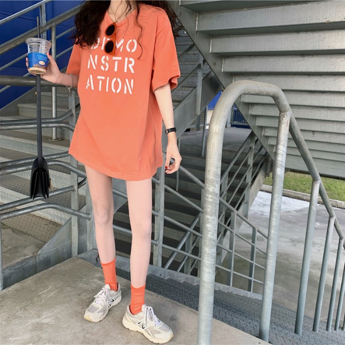 Summer Clothes 2025 New Korean Style Loose Mid-Length Tops Bf Bestie Clothes Letter Short-Sleeved T-Shirt Women Ins Trend