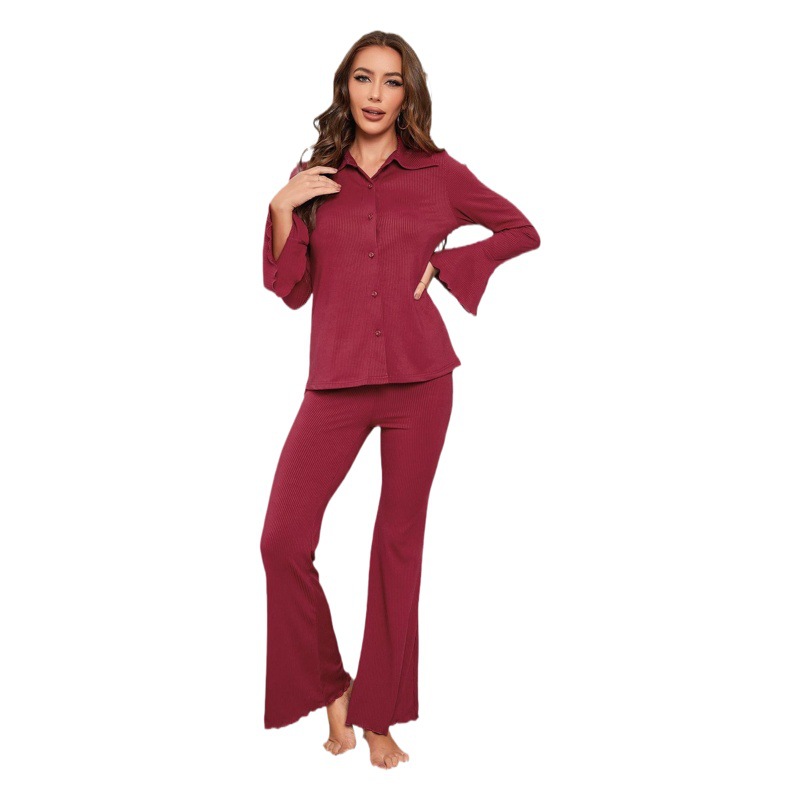 European and American Cross-Border Pajamas for Women in Autumn and Winter Christmas Red Threaded Long-Sleeved Trousers Home Clothes Set Foreign Trade Amazon