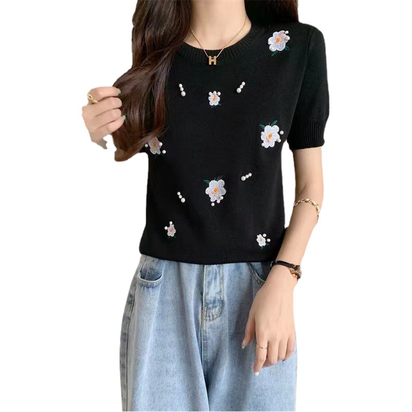 Lazy Style Embroidered Beaded Flower Knitwear for Women Summer Ins Slim Short-Sleeved Thin Versatile Top for Women