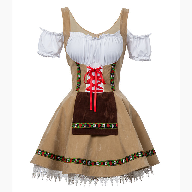 Picture of 7530# German Oktoberfest Beer Girl Uniform Khaki Shoulder Dress Halloween Maid Dress