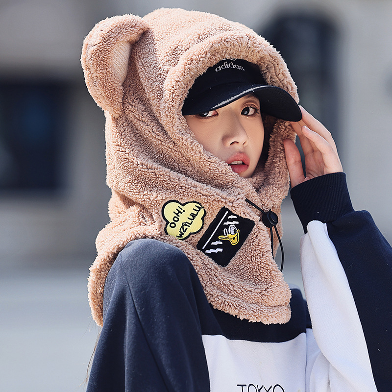 Picture of Winter Warm Series Cute Bear Hat Mask All-in-One Women's Ear Protector Cycling Warm Ski Helmet plush Hat