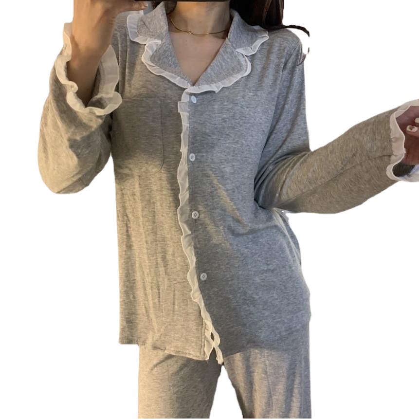 Pajamas Women's New ins Simple Sweet Internet Popular Long Sleeve Cardigan Girls Korean Style Thin Lace Suit Home Clothes