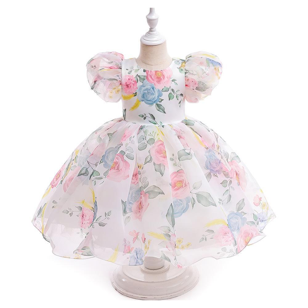 Picture of Girls' Dress European and American Puff Sleeve Princess Dress Children's Floral Mesh Puff dress 2024 Flower Girl Wedding Dress