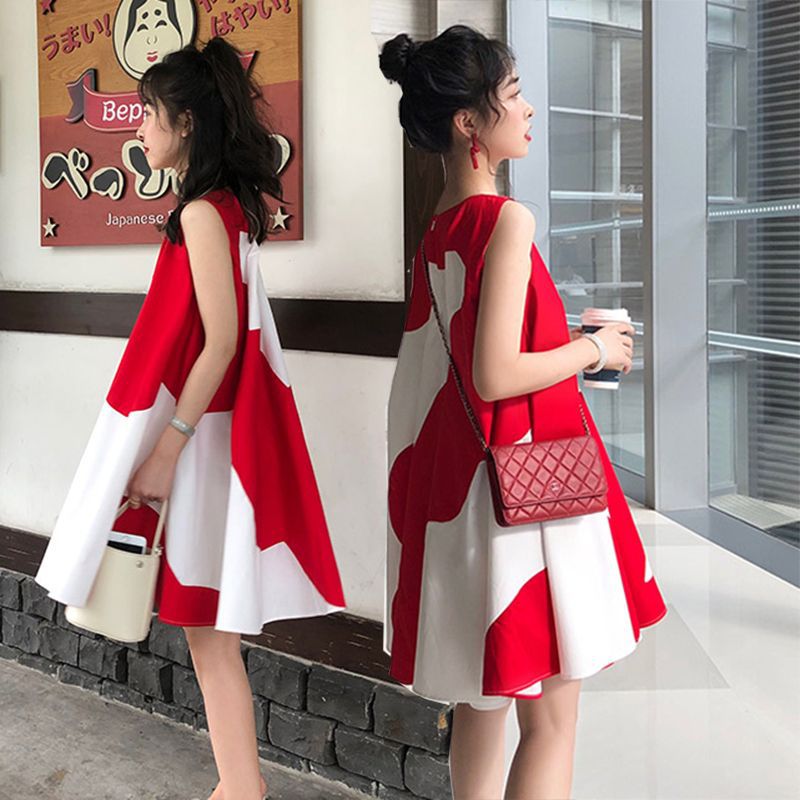 Maternity Dress 2024 Summer New Korean-style Colorblock Pregnant Women's Dress Women's A- line Dress Loose Mid-length Dress