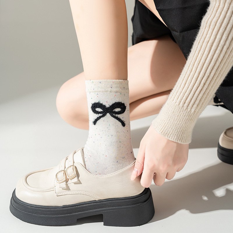 Flocking Bow Dot Yarn Retro Cute Japanese Style All-match Striped Dot Dot Autumn Winter Spring Women's Mid-tube Stacked Socks