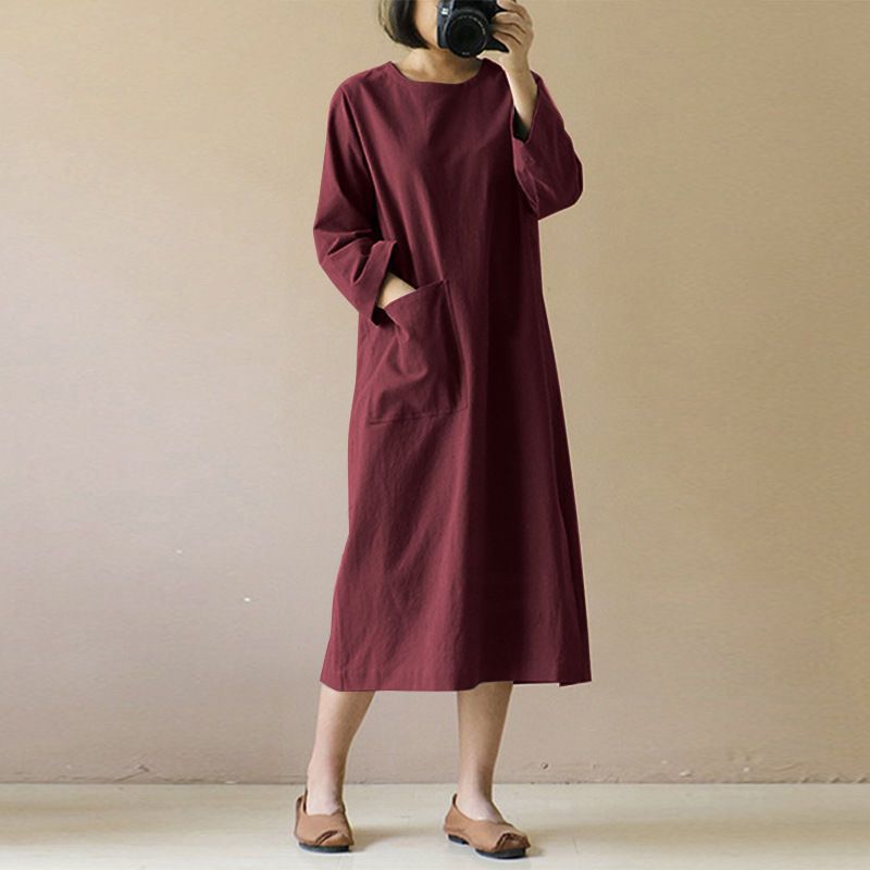 Picture of Cross-border Spring and Autumn Cotton and Linen dress Mid-length Artistic Retro Long-sleeved Japanese Mori Women's plus size Dress Trend
