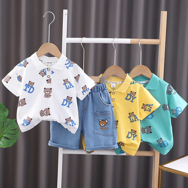 Boys and Girls summer clothes children's suit new children's western style children's letter bear short sleeve casual two-piece suit