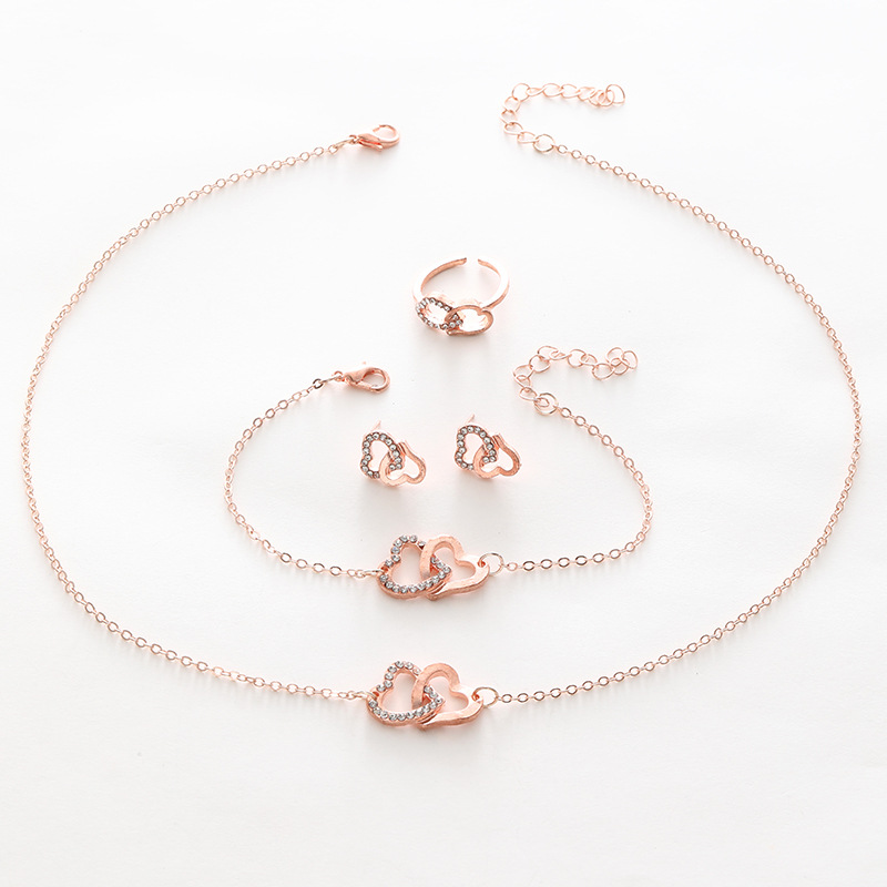 Picture of 2024 New European and American Simple Double Love Necklace Jewelry suit Light Luxury Bride Double Heart Jewelry Four-piece Set
