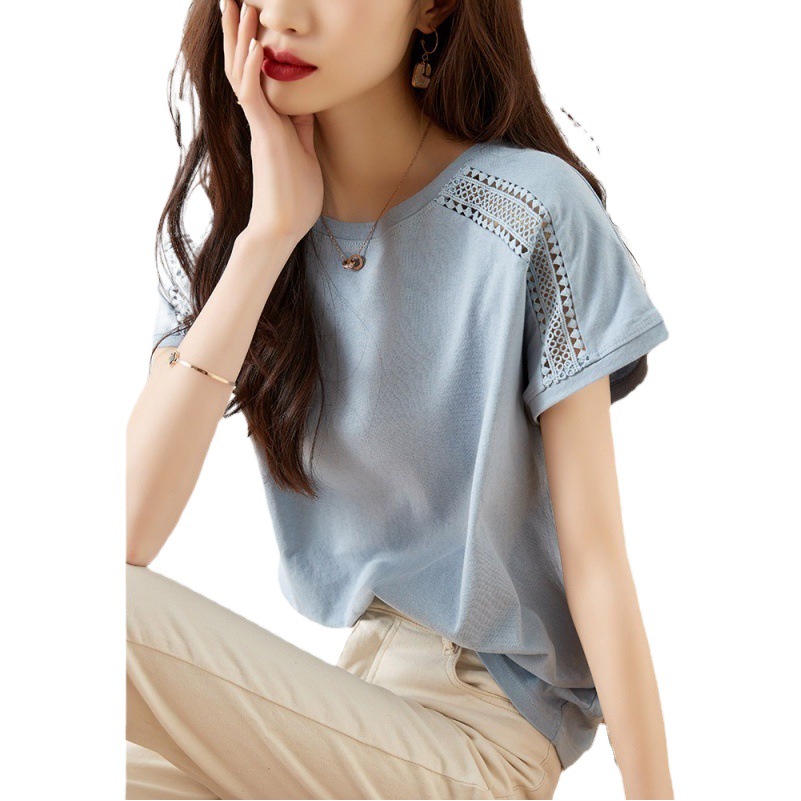 2025 Summer New Korean Version Versatile Exquisite Heavy-Duty Hollow Woven Edge Fashion Women's Versatile T-Shirt