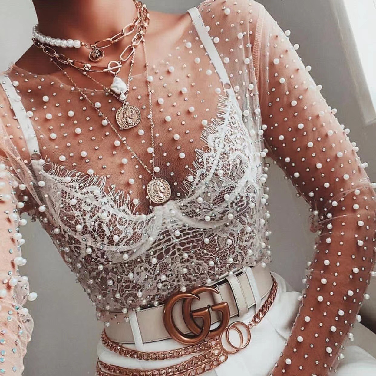 Picture of 2023 AliExpress Amazon spring and summer new hot rhinestone Pearl top elastic round neck mesh slimming heavy work transparent