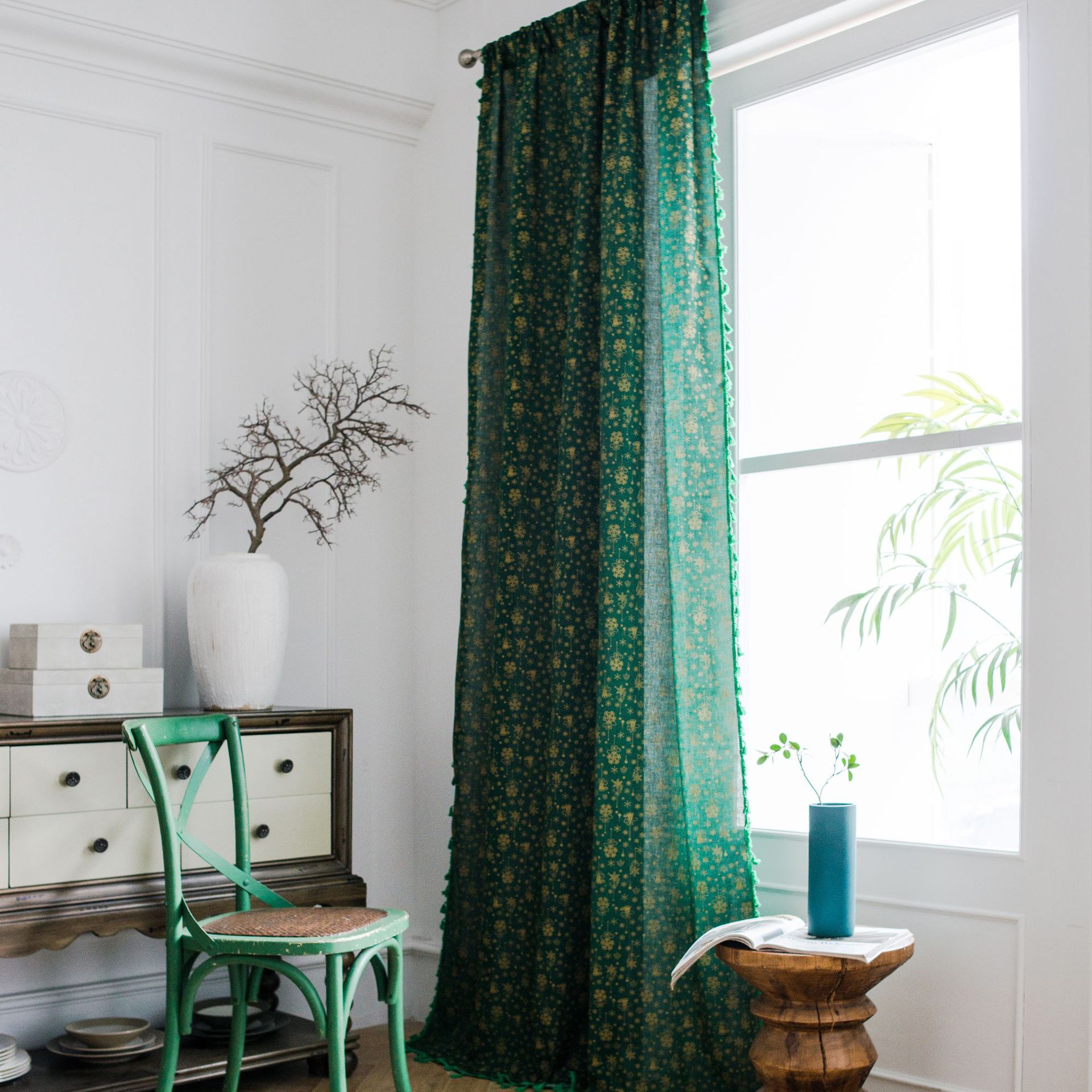 Curtains Green Christmas Bronzing Wind Chimes Kitchen Curtains Semi-Blackout Bay Window Balcony Design Hook-Type Window Decoration Curtains