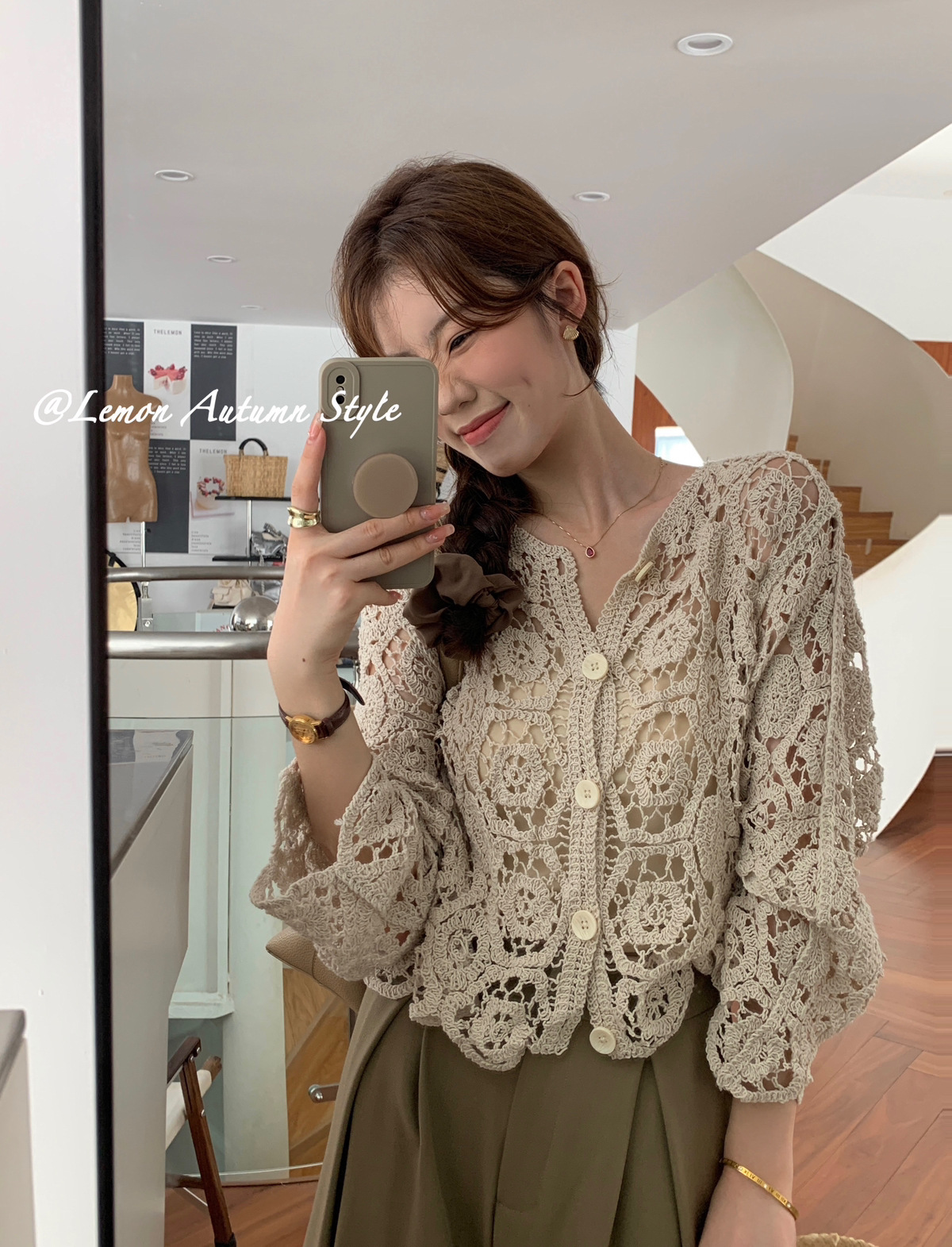 Picture of Women's long-sleeved hollow-out knitted cardigan summer wear new crocheted short chic small shirt with skirt air conditioning top