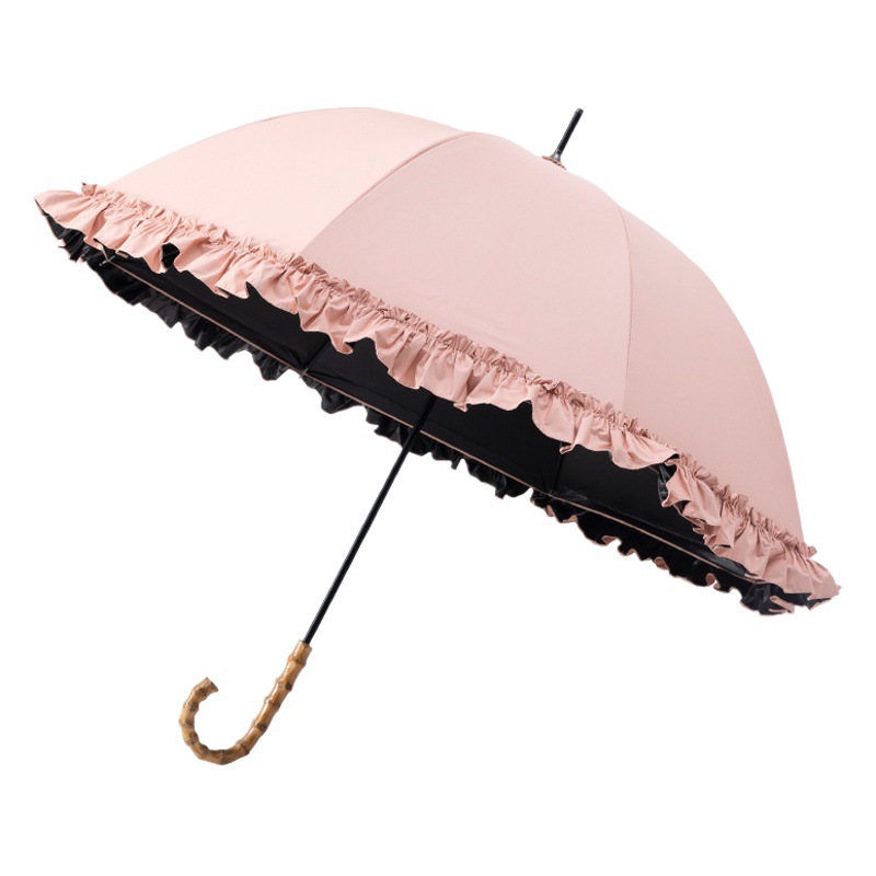 Large Lace Vinyl Sun Protection Umbrella Anti-Uv Parasol Bamboo Curved Handle Straight Umbrella Manual Sunny Umbrella Wholesale