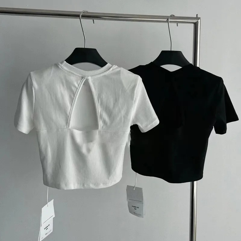 Pure Desire Style Design Sense Shoulder T-shirt Women's Short-sleeved Summer Slim-fit Backless Chic Niche Korean Style Hot Girl Top Ins Trendy