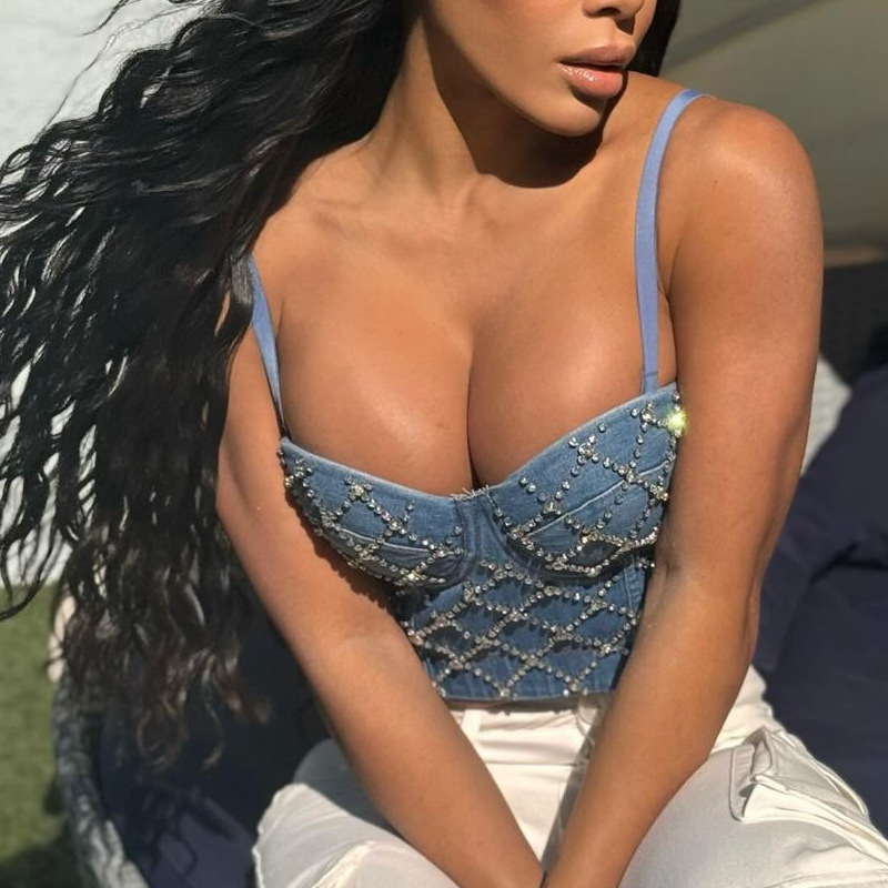 2024 spring and summer European and American Foreign trade ins Internet celebrity sling slim fit Denim wash water inlaid brick wrapped chest Sweet Sexy hot girl