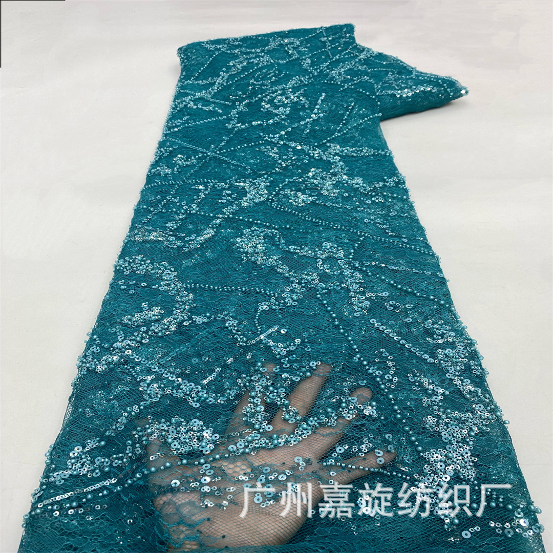 In Stock Size Beaded Sequin Embroidery Lace Fabric Nigerian Bridal Dress Fashion Cheongsam Skirt Embroidered Cloth