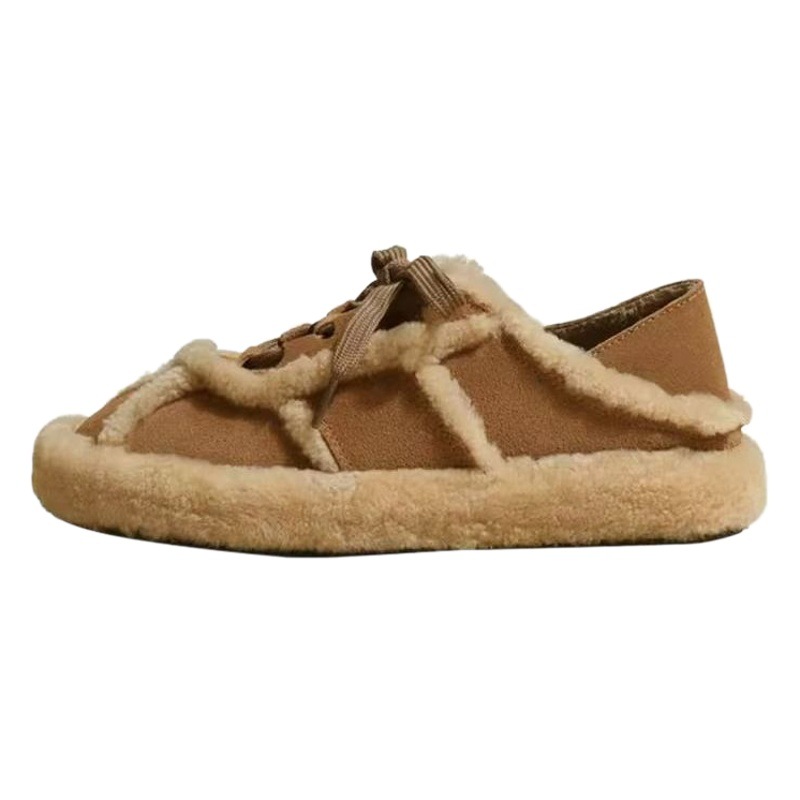 Thick-soled genuine leather lamb wool fleece-lined board shoes for women 2023 autumn and winter new all-match round toe casual outer wear half slippers