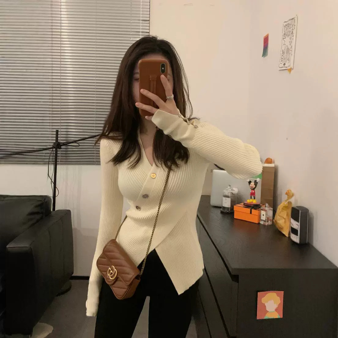 Irregular V-neck Tight Waist Sweater Cross High Waist Slim-fit Split Pullover Pure Slim-fit Knitted Long-sleeved Inner Women