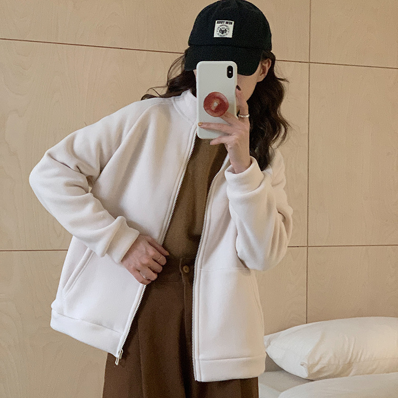 Yifantai autumn and winter thickened fleece-lined warm coat women's zipper cardigan polar fleece stand collar bathroom Korean style casual top