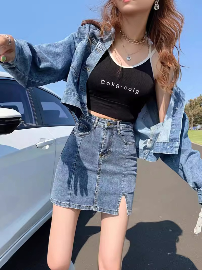 Slit Denim Skirt for Women 2024 Spring & Fall New High-Waist Design Retro Hip-Covering Versatile A-Line Skirt Ins Trend