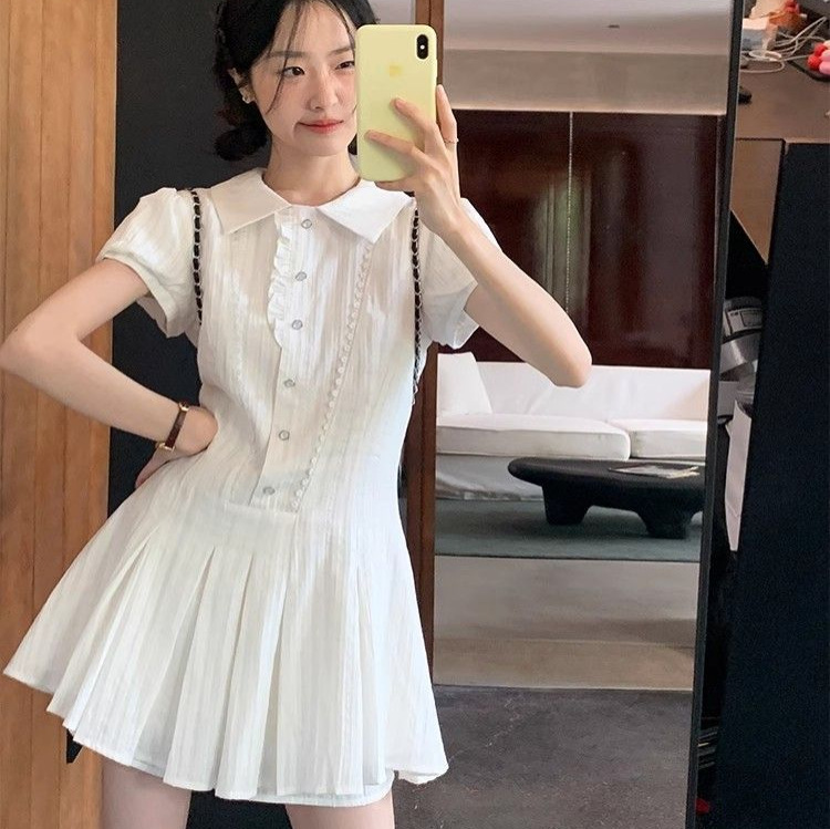 Picture of (With Lining) College Style Shirt dress Women's Summer Waist Small Designing Lapel Bubble Sleeve Short
