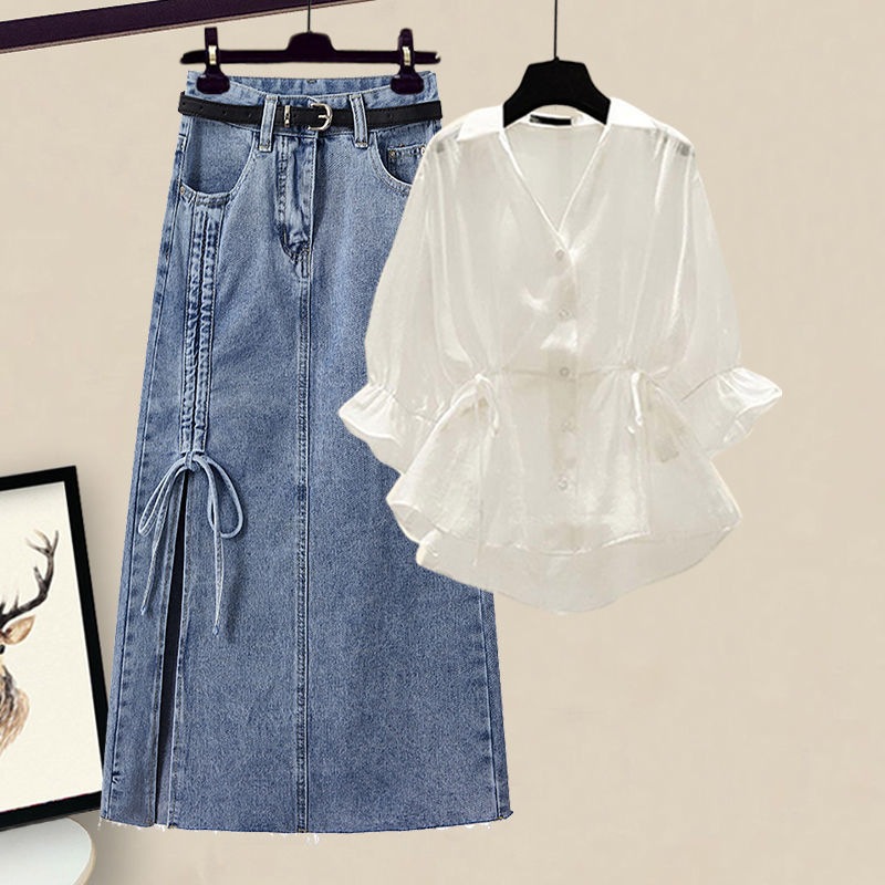 Picture of Summer Suit for Women 2024 New Large Size Women's Fashionable Waist Slimming Shirt Denim Skirt Two-Piece Trendy Set