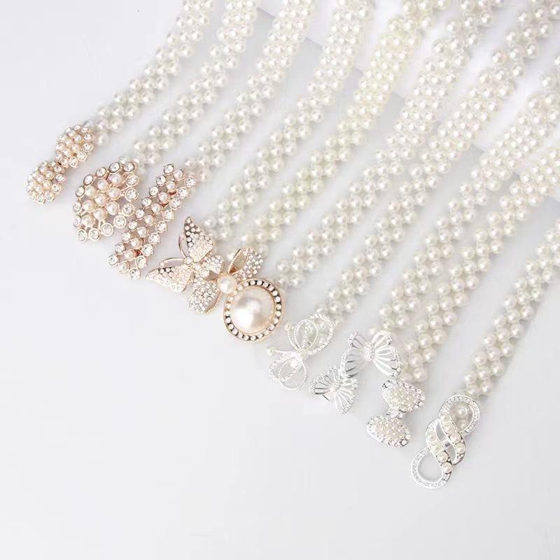 Rhinestone Pearl Korean waist chain Women fashion dress decoration elastic belt sweet flower elastic waist seal