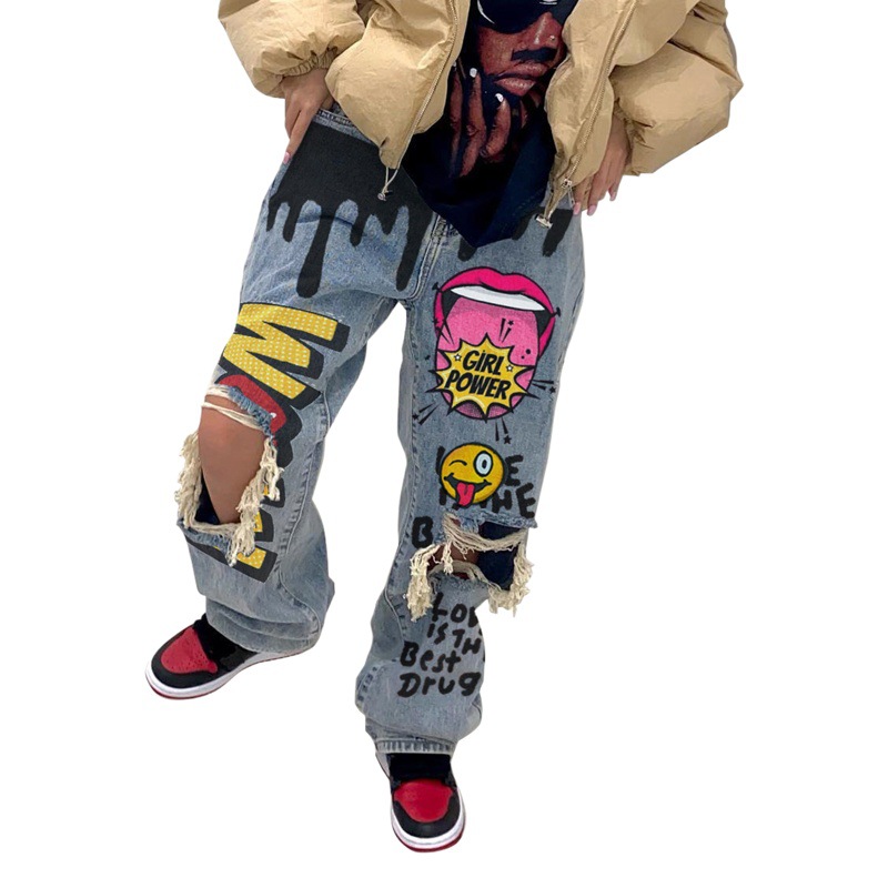 2605 European and American foreign trade new fashion brand personalized women's pants pocket hole personalized fashion multi-bag women's jeans