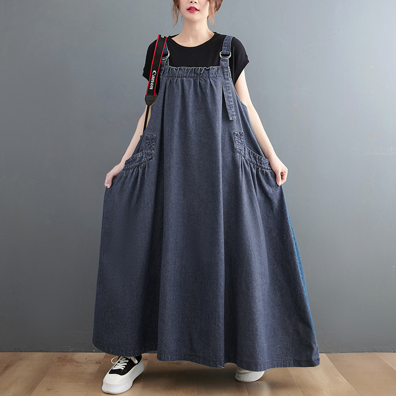 Picture of Plus Size Women's Clothing 2025 Spring and Summer New Suspender Long Skirt Loose Slimming Look Denim Suspender Skirt Large Hem Dress