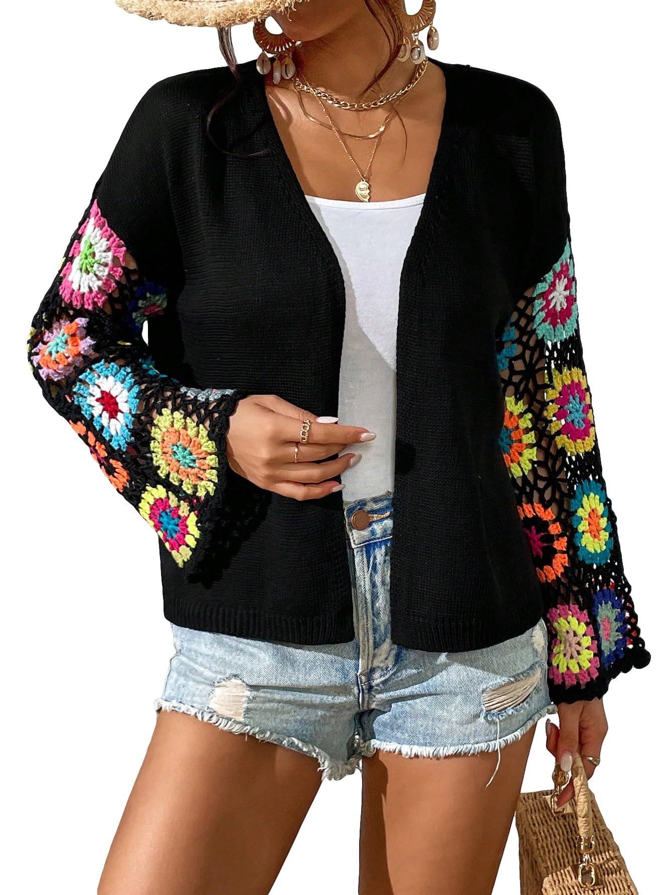 New hand hook stitching machine woven contrast color crochet random color block contrast color sweater knitted cardigan sweater cardigan