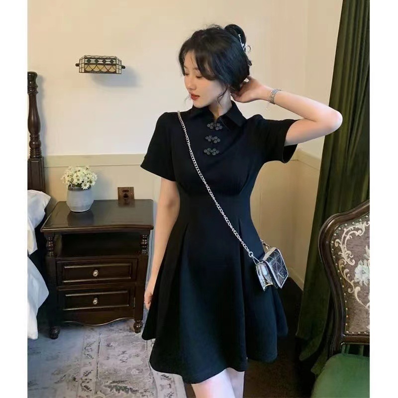 Tea Break Black plus size Hepburn Style New Chinese Style Improved Cheongsam dress Children's Short Skirt Summer Design Sense Niche