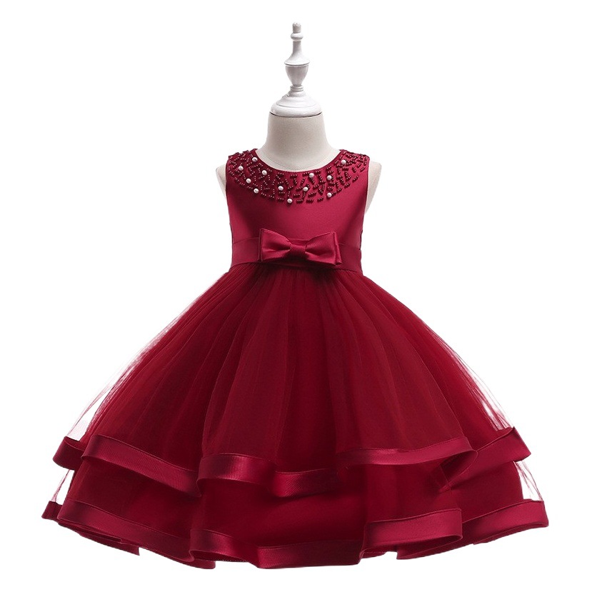 European and American Aliexpress Children's Dress Mesh Princess Puffy Dress Beaded Sleeveless Girls' Dress with Bow