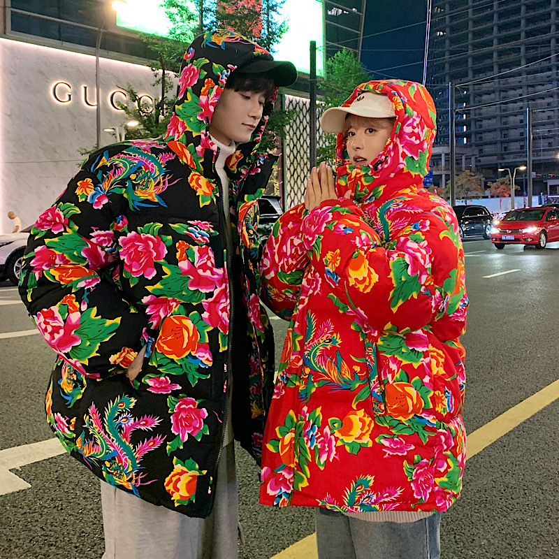 Popular northeast large flower hooded thickened warm cold-proof cotton-padded coat Chinese style special cotton-padded coat for lovers