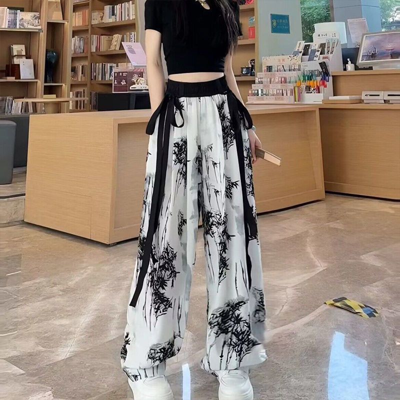 Ice Silk Wide Leg Pants Women's Summer Thin 2024 New Chinese Ink Pants Guofeng Fairy Cool Chiffon Sun Protection Pants