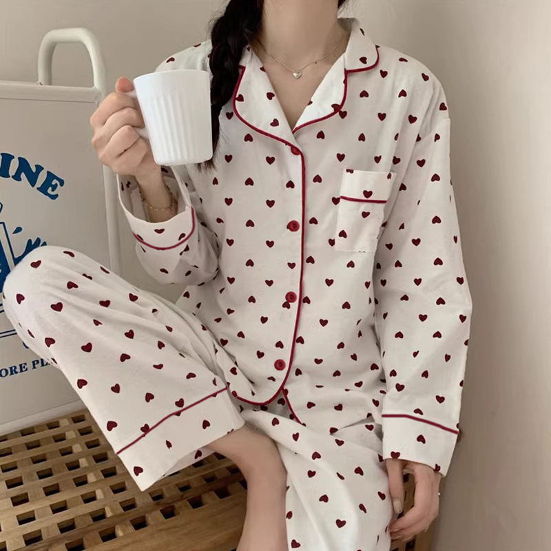 Red love pajamas Women's Spring and Autumn long-sleeved milk silk sweet casual cardigan lapel outerwear homewear suit