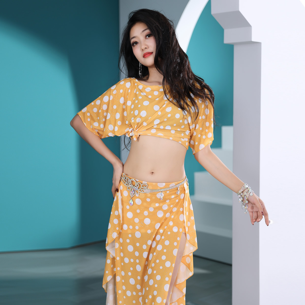 Belly dance summer practice clothes sexy wave dot suit water gauze oriental dance performance group clothes 298 3118