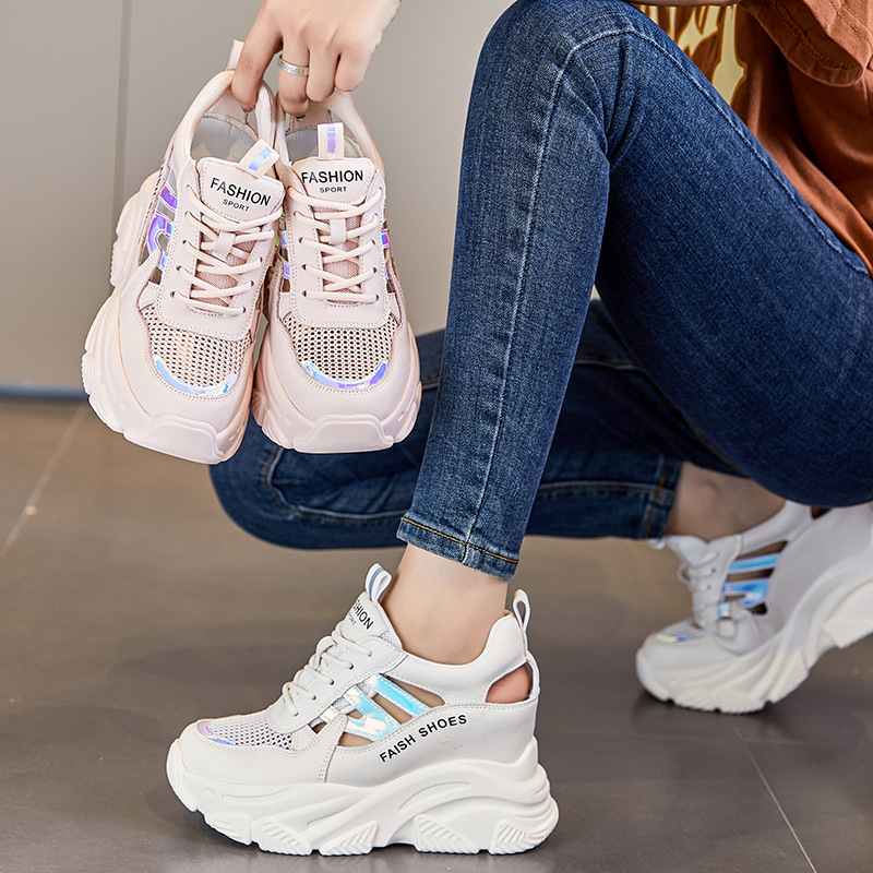 Dad's Shoes Women's Trbottomy Ins2025 Summer New Style Cut Out Breathable Small Thick Sole Inner Heightening Casual White Shoes