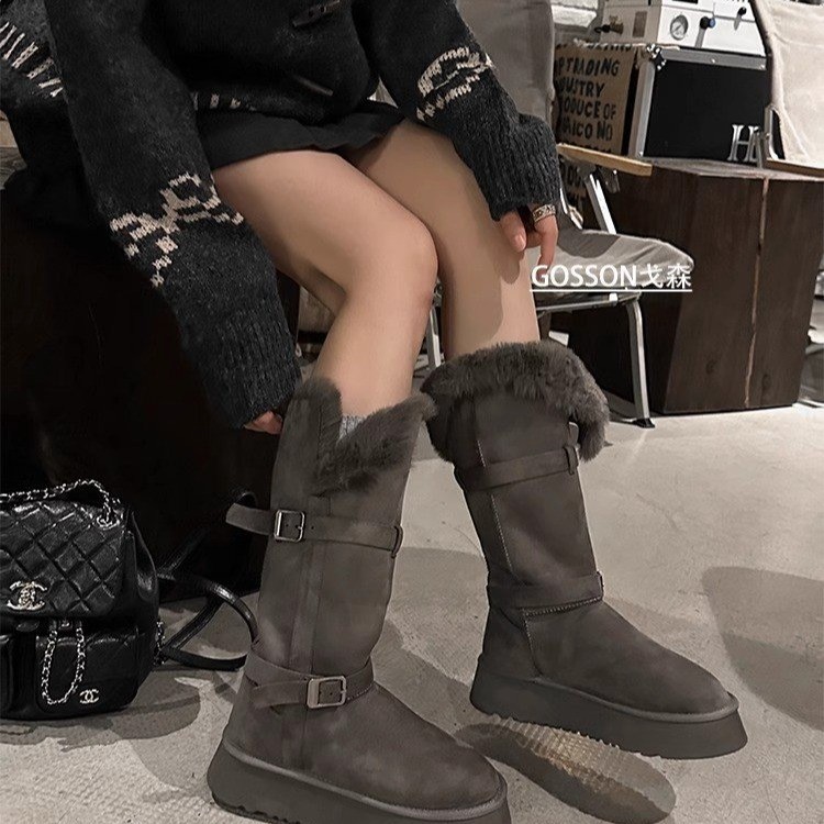 Northeast Two-Way Wear Thick-Soled Snow Boots for Women 2025 Winter New Style Height-Increasing Warm Fleece-Lined Leather and Fur Integrated Snow Boots