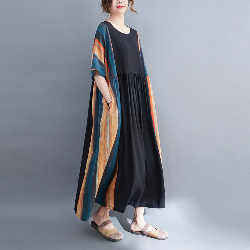 Large Size Artistic Loose Striped Stitching Dress Casual Belly Covering Slimming Age-reducing Round Neck Contrast Color Zen Style Women