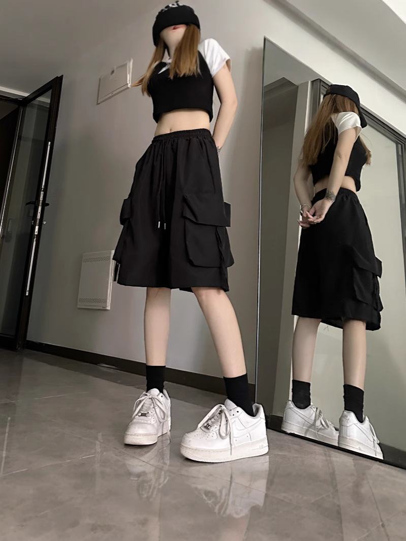 New Dopamine Sports Shorts for Women Y2K American High-Waisted Cargo Shorts Casual Wide-Leg Knee-Length Pants Cross-Border