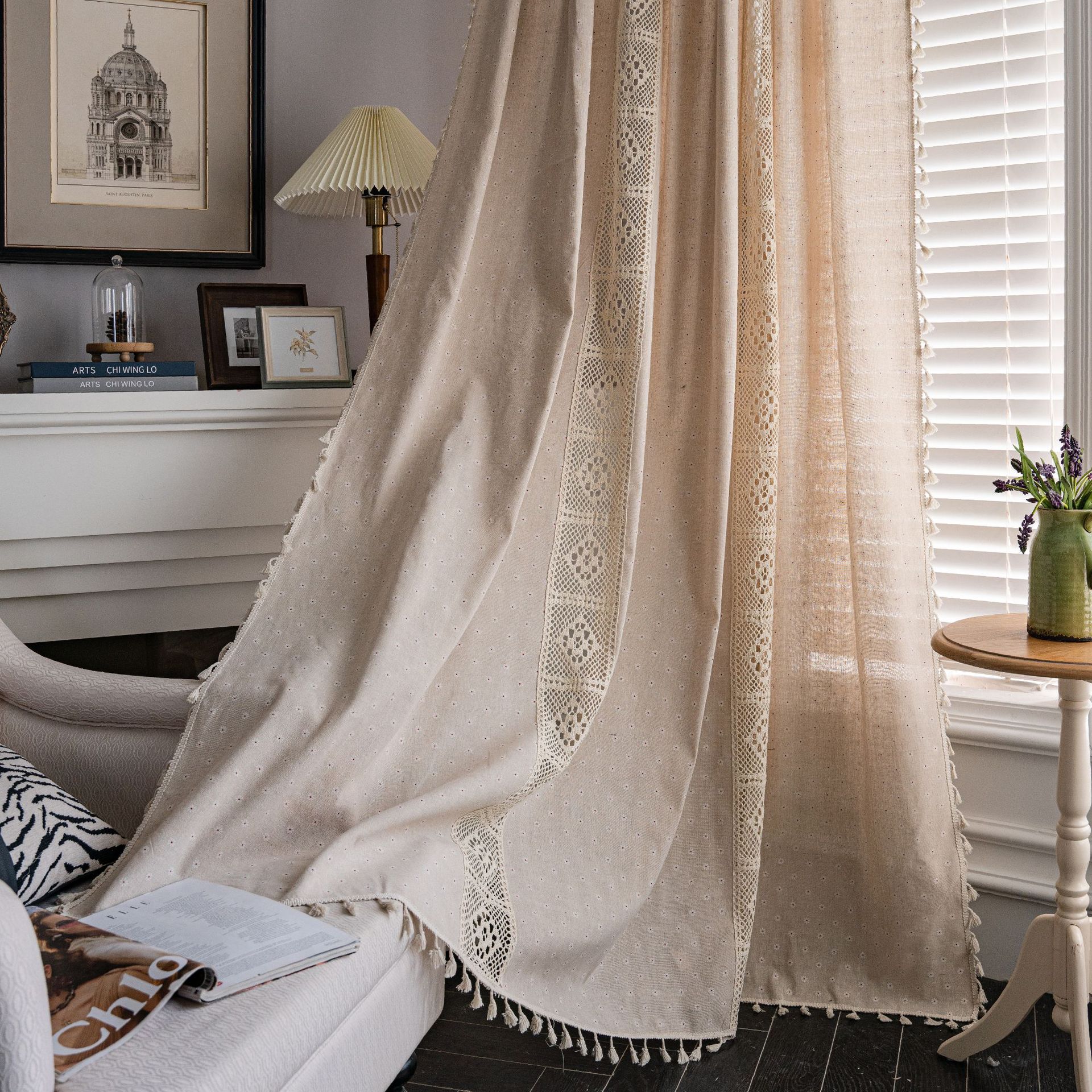 Picture of Yiman Qiyun Curtain Lanju Curtain Finished Printed Hollow Stitching American Style Kitchen Curtain Semi-Shading Curtain Tassel
