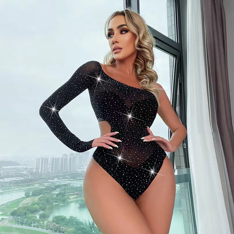 Sentiment Underwear New European and American Cross-border Shoulder Fishing Net Bright Diamond Bra Hot Drilling Mesh Jumpsuit Amazon