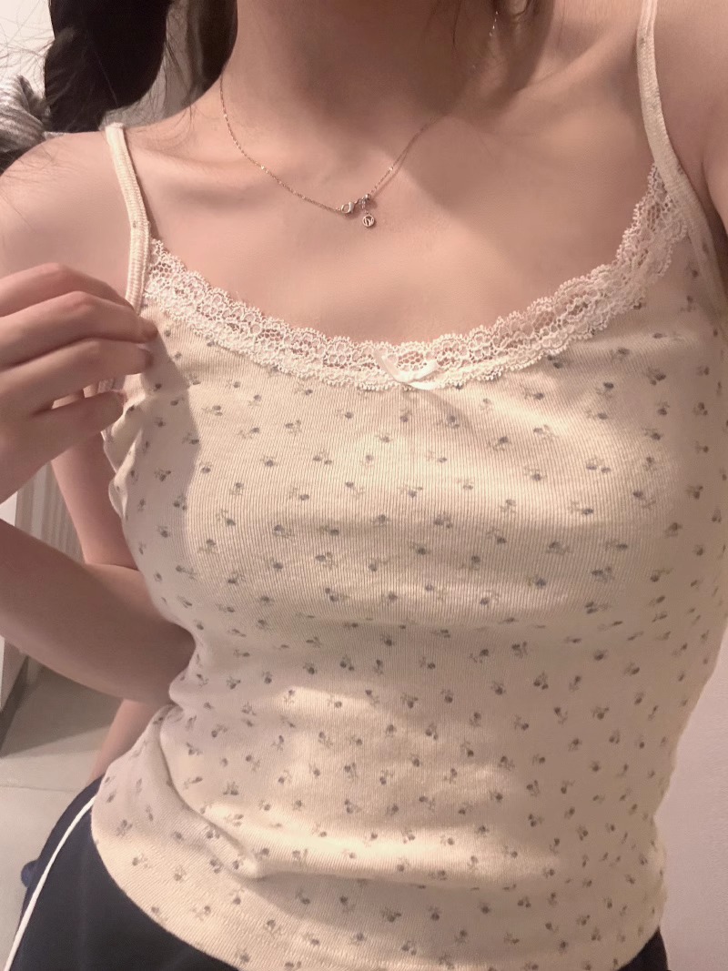 BM girl's pure sweet floral bow lace camisole women's summer slim slimming short top fashion